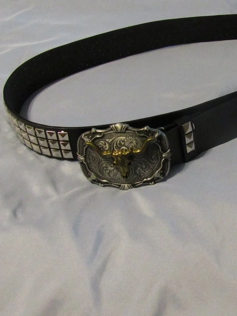 Texas LONGHORN SKULL Buckle & Belt Western Bronze Silver 2 Tone Cowgirl Cowboy